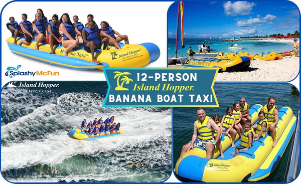 Island Hopper 12 Person Banana Boat Taxi - 4 images - above side, and at the dock