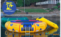 Island Hopper 15ft Classic Water Trampoline for Sale. Closeup of the classic blue and yellow color as well as the hunter green.