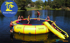 Island Hopper 25ft Giant Water Trampoline for Sale. 7 kids play on the yellow lake trampoline.