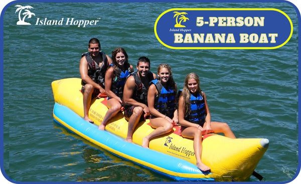 Island Hopper 5 Person banana boat tube sitting on the water with passengers
