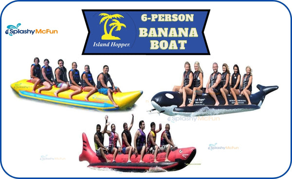Island Hopper 6-Person Banana Boat Tube - 3 images on a white background. 1 classic, 1 whale ride, and 1 red shark banana tube