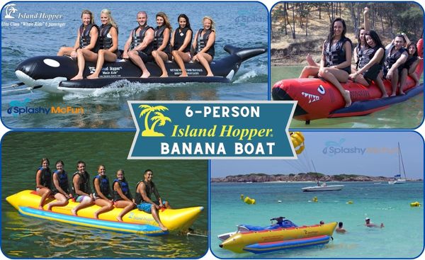 Island Hopper 6-Person Banana Boat Tube - 4 images including the classic, whale ride, and red shark models.