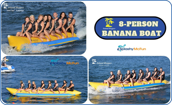 8 Person Island Hopper Banana Boat Tube - 3 images, 2 side view, 1 head on view.