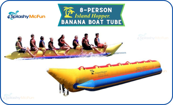 Island Hopper 8 Person banana boat tube display. 1 image with 8 people on board, 1 with nobody on.