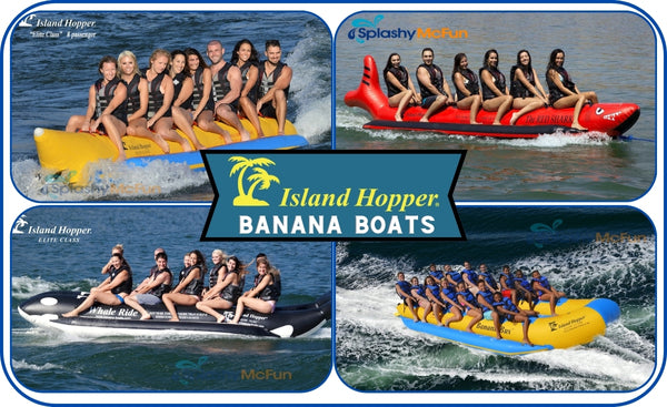 Island Hopper Banana Boat Tubes display image. Shows 4 types of them around the logo in the middle.