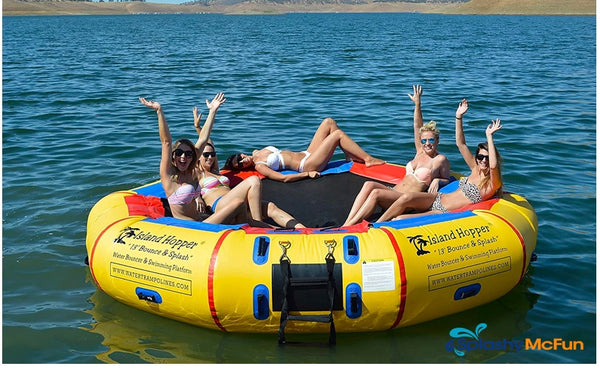 5 women relax in the sun on a water bouncer