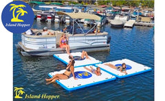 Island Hopper Island Buddy Inflatable Dock. Image shows 3 Island Buddy Inflatable Docks attached in a T formation and connected to a pontoon boat.
