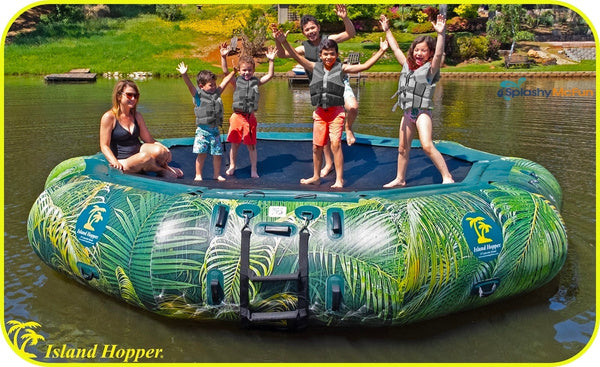 Island Hopper Lakeside Graphic Series 15ft Water Bouncer. 5 kids jump and play while an adult sits on the foam pad.