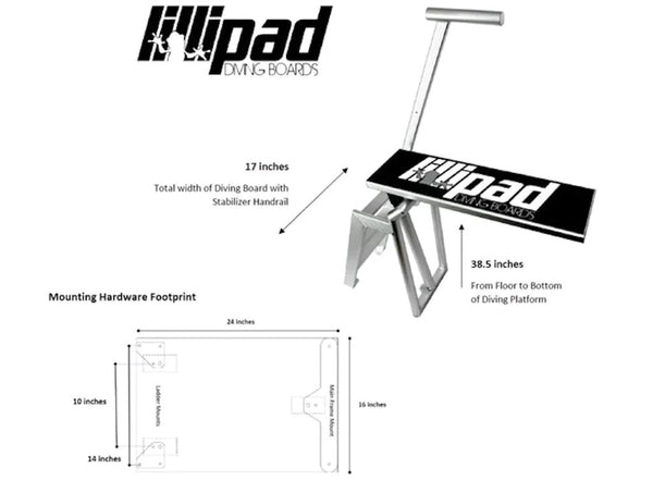 Lillipad Diving Board for Boats mounting specifications. Shows the 17in x 24 in outline for the boat diving board.