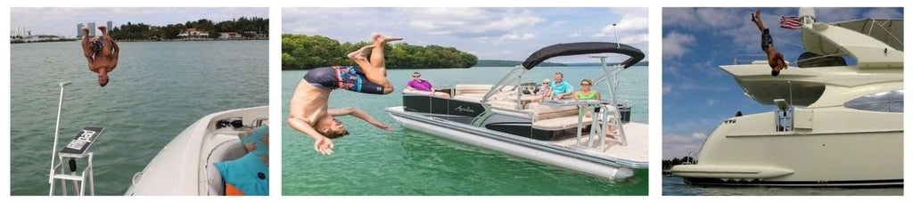 Lily pad diving board for boats being used on the lake and ocean. 3 images.