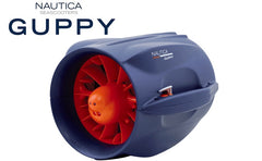 Nautica Guppy is pictured from the side view. Navy blue body with orange backend and highlights. White plastic mesh guard on the underwater scooter.