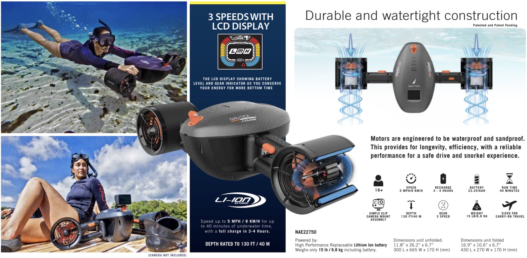 The left third of the graphic shows an image of a woman using a sea scooter underwater and then sitting next to the Nautica J-Class Sea Scooter on a dock. We see that is is durable with waterright construction. 3 speeds with LCD display. up to 5mph, 3-4 hour recharge time, 40-minute run time,130 ft depth rating, 15 lbs weight, and sized for carry-on travel