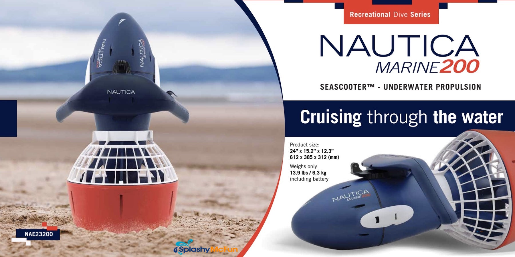 2 view of the Nautica Marine 200 Sea Scooter. One the underwater scooter is upfight in the sand the other is a side view. It is blue with white and orange highlights. Stats show products weights only 13.9 lbs.