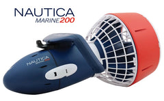 Side view of the Nautica Marine 200 Sea Scooter. The underwater scooter has an all white body with black protective cage and orange highlights.