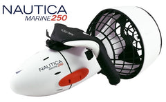 Side view of the Nautica Marine 250 Seascooter. The underwater scooter has an all-white body with black protective cage and orange highlights.