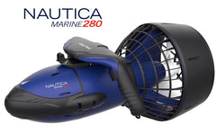 Nautica Marine 280 Sea Scooter side view. The body of the sea scooter is navy blue and the back end, protective cage, and grip guard are all black. White logo and clips.