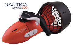 Nautica Marine 300 Sea Scooter side view. The body of the sea scooter is orange and the back end, protective cage, and grip guard are all black. White logo and clips.