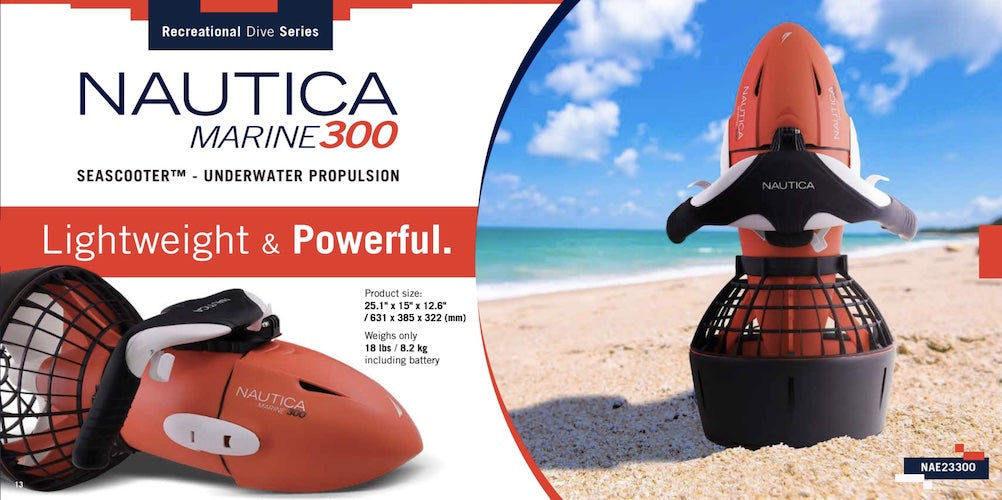 A women holds a Nautica Skipper Sea Scooter while getting ready to get in the water with her daughter. The Nautica Skipper Sea Scooter Underwater Scooter logo is in the lap of the woman as the daughter looks on. Sea Scooter is orange and navy blue.