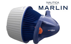 Nautica Skipper is pictured from the side view. Orange body with navy blue backend and highlights. White plastic mesh guard on the underwater scooter.