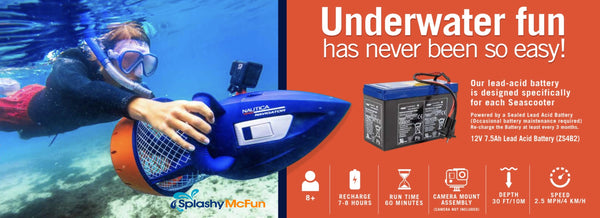 A young girl guides her Nautica navigator seascooter through the water. We get a side view of the navy blue underwater scooter with orange and white highlights. A closeup of the lead-acid battery is on the right.