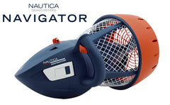 Nautica Navigator Sea Scooter from the side view. Navy blue body with an orange backend. White highlights, plastic mesh protector, and logo.