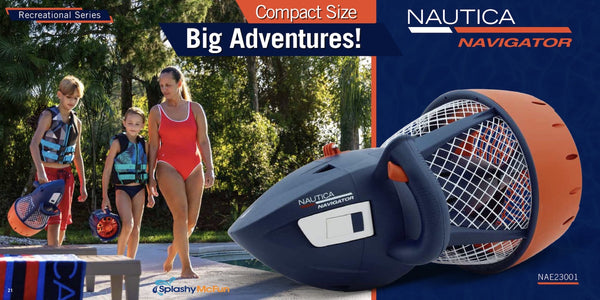 Woman walking a young boy and girl, each carrying a Nautica Navigator Sea Scooter. On the right side we get a closeup of the Nautica Navigator Sea Scooter and its navy blue body with orange trim and white highlights