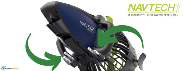 Closeup view of the underside of the Nautica Navtech 1 sea scooter. Shows that 4 weights can be slid into slots to achieve neutral buoyancy.
