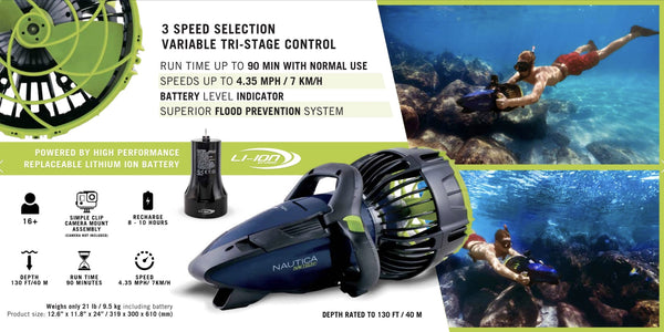 There are 2 images of a boy diving with the Nautica Navtech 1 Sea Scooter and a closeup side view of the dive scooter. Show that it has 90 minutes of runtime, 4.35 mph speed, and battery level indicator.