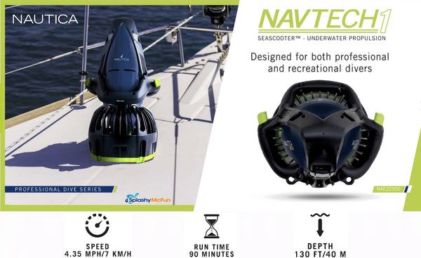 The navy blue and black Nautica Navtech 1 sea scooter sits on the motor side on the front of the boat. Text reads; Dpv is designed for both professional and recreational divers..