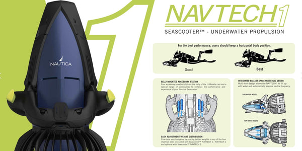 Shows a closeup of the ballast weights again and the proper way to hold the Nautica Navtech 1 Sea Scooter which is with your arms bent at a 90 degree angle