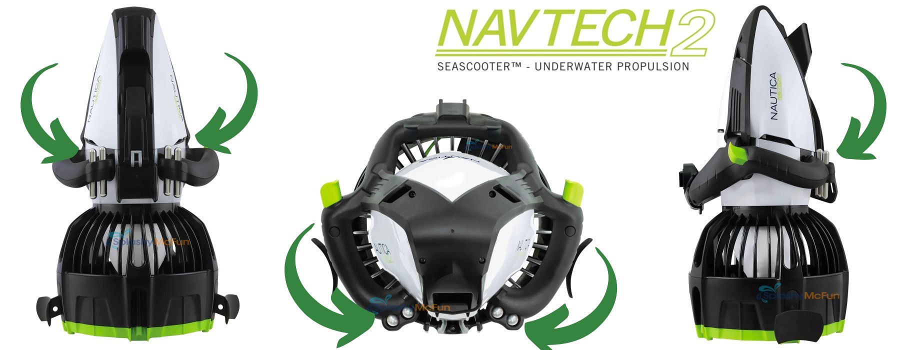 Closeup view of 3 angles of the Nautica Navtech 2 sea scooter. Shows that 4 weights can be slid into slots to achieve neutral buoyancy.