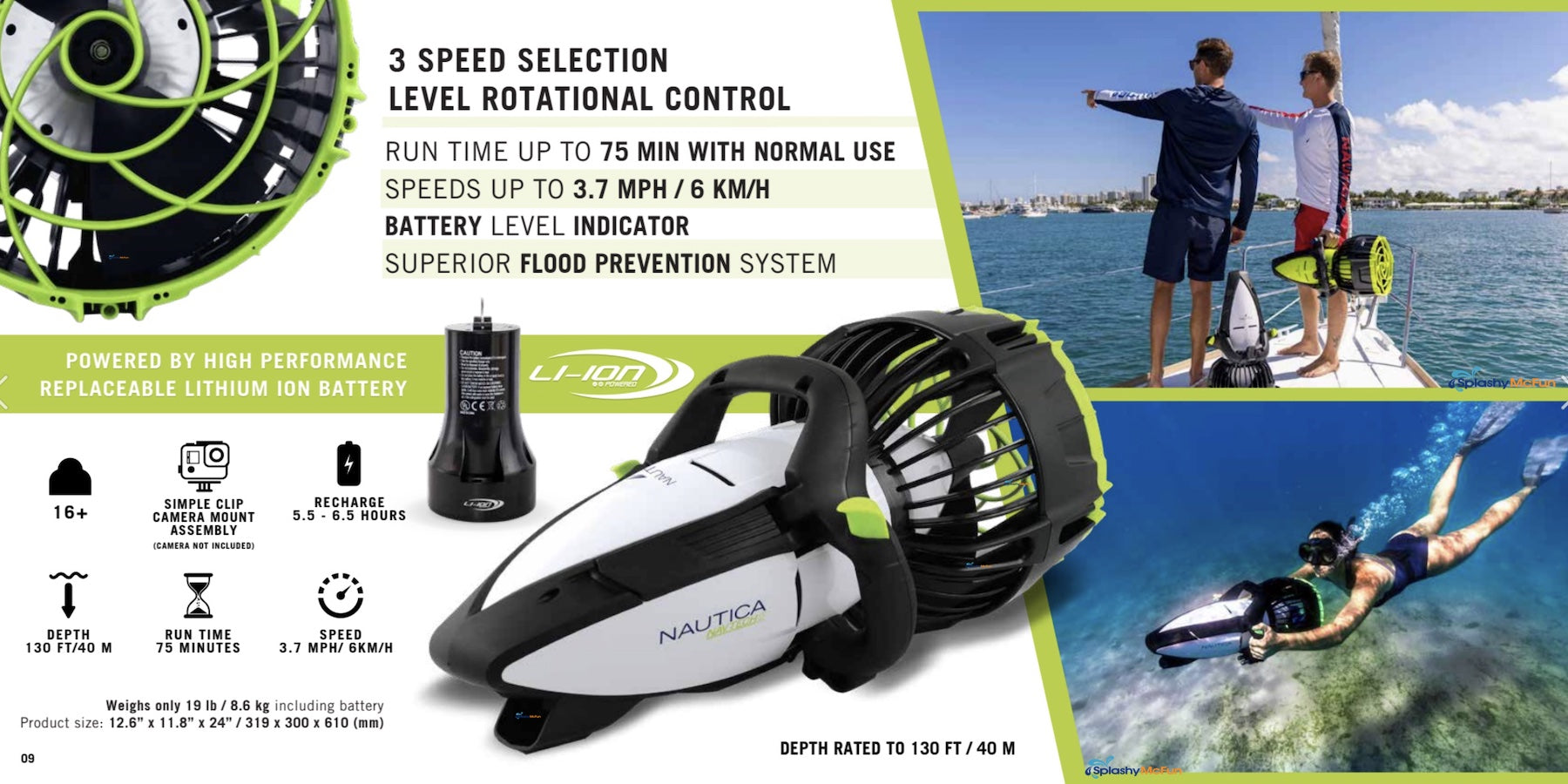 There are 2 images of a boy diving with the Nautica Navtech 2 Sea Scooter and a closeup side view of the dive scooter. Show that it has 75 minutes of runtime, 3.7 mph speed, and battery level indicator.