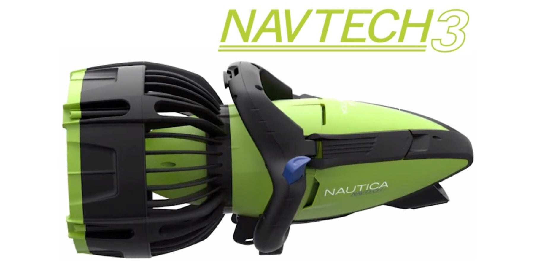 closeup of the Nautica Navtech 3 Seascooter for sale. It is lime green with black handles and highlights. The Nautica Sea Scooter logo is on the side.