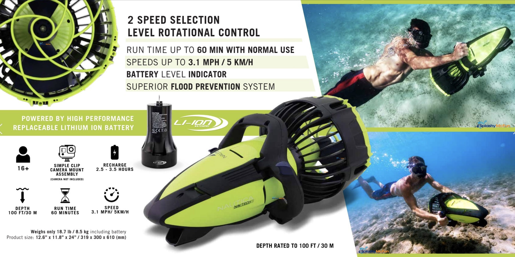 There are 2 images of a boy diving with the Nautica Navtech 3 Sea Scooter and a closeup side view of the dive scooter. Show that it has 60 minutes of runtime, 3.1 mph speed, and battery level indicator.