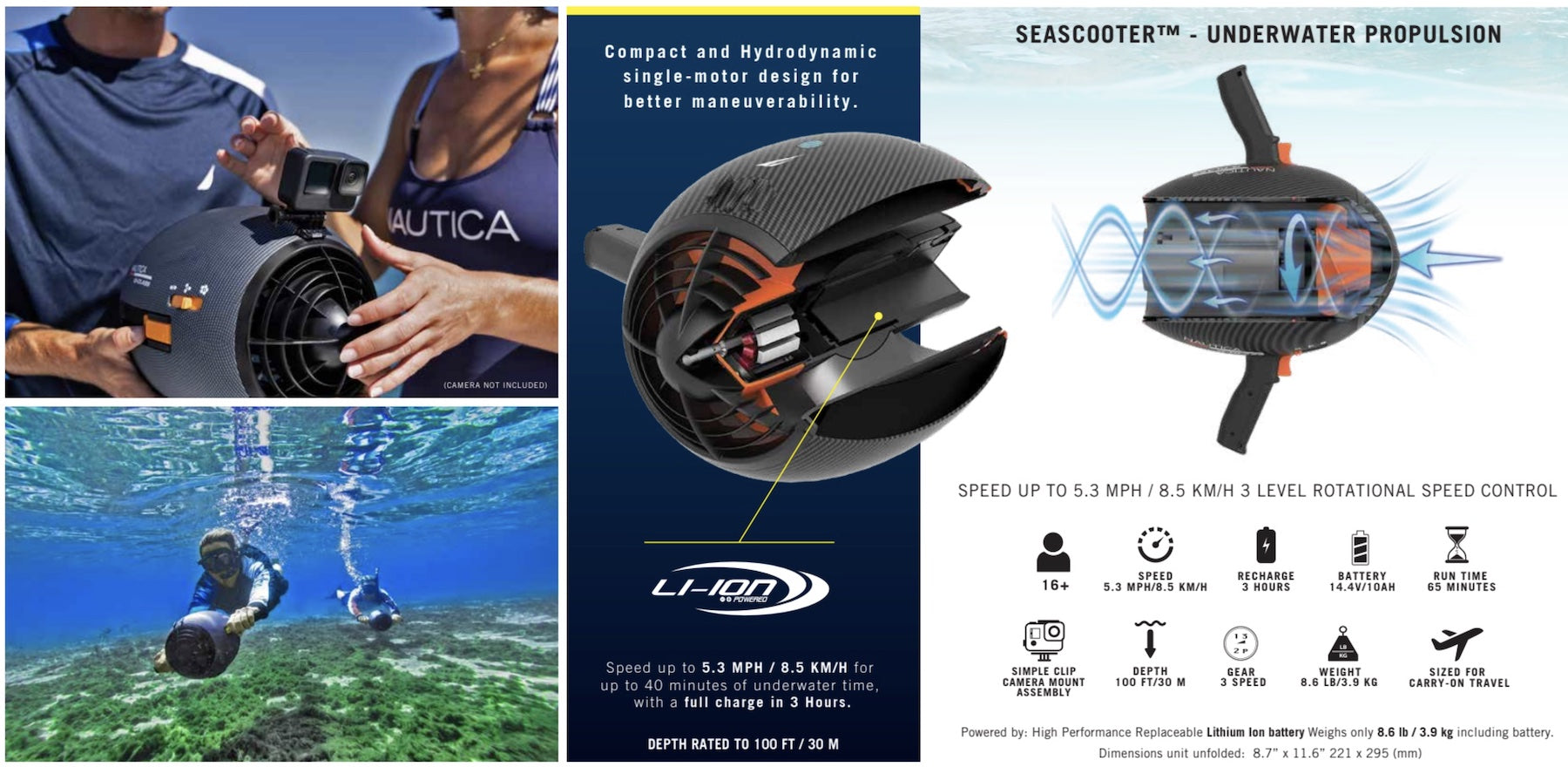 We see a couple of snorkelers using the Nautica Q-Class seascooter for sale. We also see the flow of the water through the motor in a diagram.