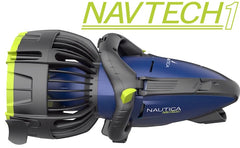 Nautica Navtech1 Seascooter. It is Navy blue with black and lime highlights. The underwater scooter is pointing left.