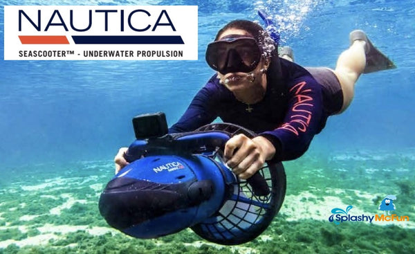 A woman uses a Nautica Sea Scooter while snorkeling. The Nautica Sea Scooter Underwater Scooter logo is in the left corner. Splashy McFun logo on the right.