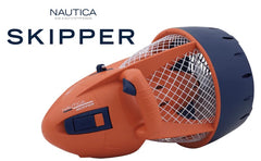 Nautica Skipper is pictured from the side view. Orange body with navy blue backend and highlights. White plastic mesh guard on the underwater scooter.