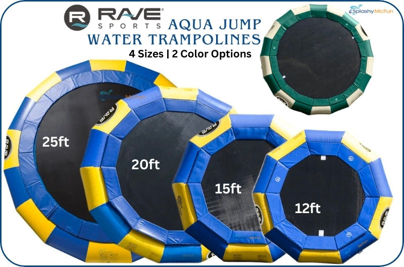 Rave Aqua Jump Water Trampoline is available in 4 Sizes and 2 Color Options. 25ft, 20ft, 15ft, 12ft. Yellow/Blue, Green/Tan