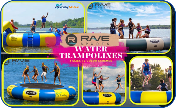 Rave Aqua Jump Water Trampoline 5 images of people bouncing and playing.