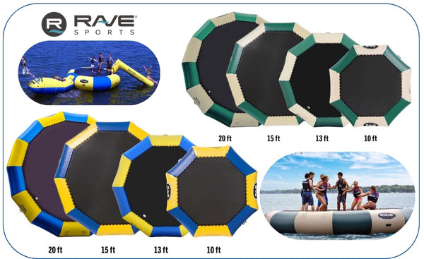 Rave Bongo Water Bouncer is available in 4 Sizes and 2 Color Options. 20ft, 15ft, 13ft, 10ft. Yellow/Blue, Green/Tan