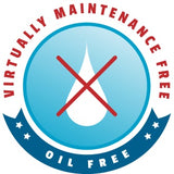 Scott Aerator Oil Free and Virtually Maintenance Free logo. White teardrop oil drop in white in the middle of a light blue circle.  The oil drop has a big red X through it.  Virtually Maintenance Free is arched in Red over the top.  Oil Free is in white letters inside a dark blue/green banner under-arcing the logo.