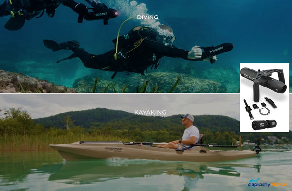 Split image. On top a ScubJet underwater scooter being used by a diver. On the bottom half a kayaker out on the water with a ScubaJet kayak motor.