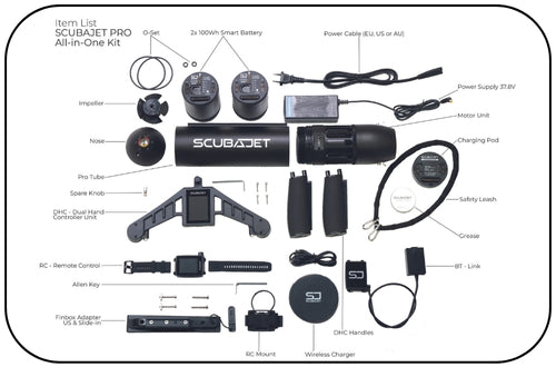 Items included with ScubaJet All in One Kit purchase diagram.