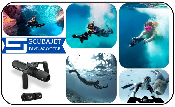 ScubaJet Dive Scooter image showing 6 different images of the water scooter in action.