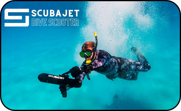 ScubaJet Dive Scooter image showing a young adult boy using the underwater scooter.