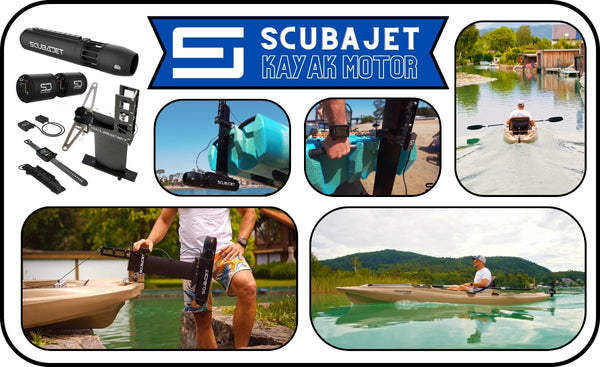 ScubaJet Pro Kayak Motor on page image with display and action images.