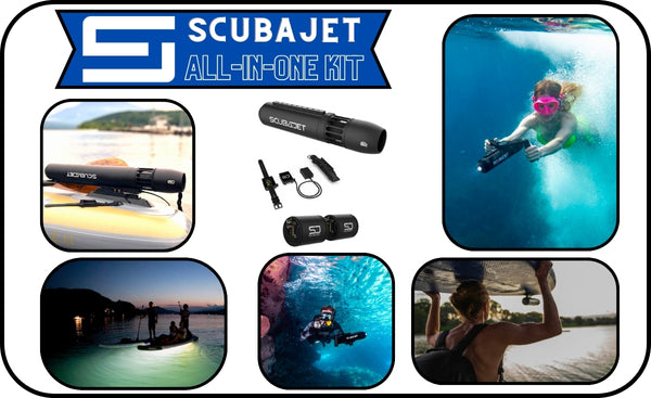 ScubaJet Pro Kayak Motor on page image with display and action images.