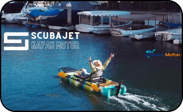 ScubaJet Pro Kayak Motor text over an image with a kayaker with his hands up enjoying the powered ride.