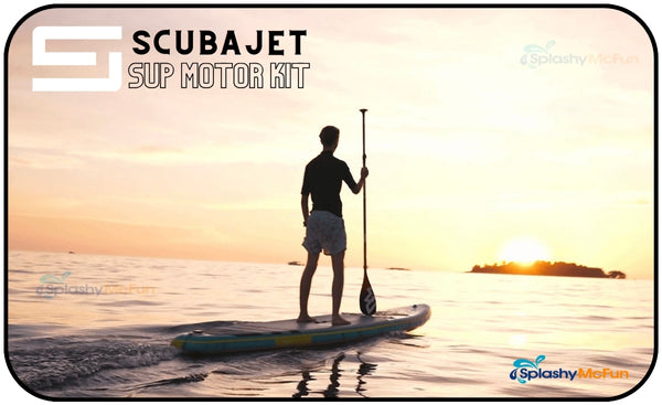 ScubaJet Pro Kayak Motor text over an image with a kayaker with his hands up enjoying the powered ride.